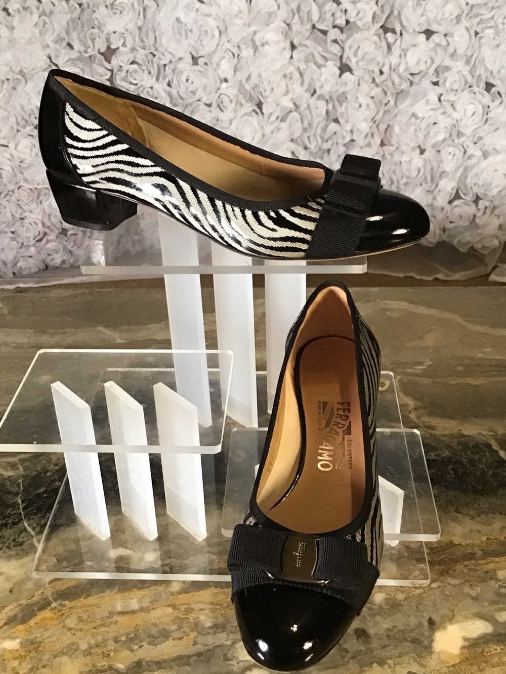 Salvatore Ferragamo Black & White Zebra Print Vara Bow Pump